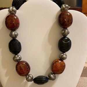 Vintage chunky brown/black/pewter beaded necklace